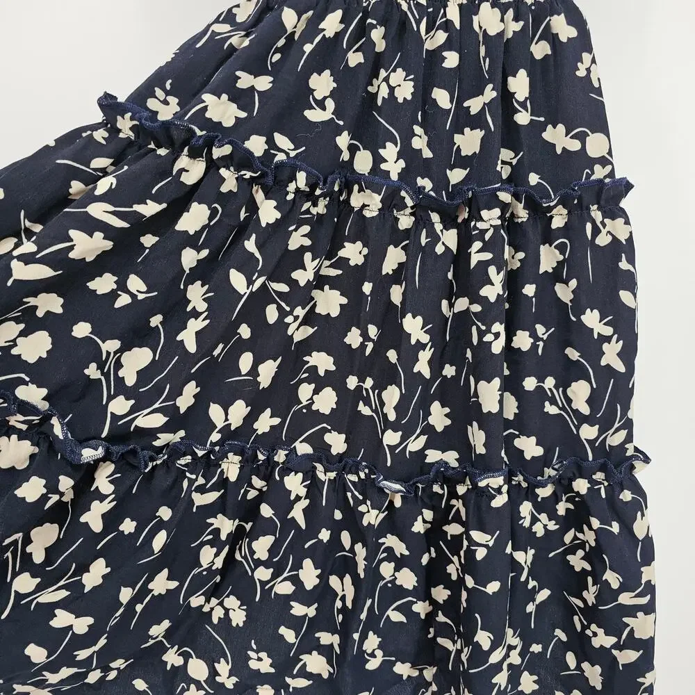 Lulu's Womans size XS Strapless Smocked Floral Tiered Mini Dress Navy Blue/Tan